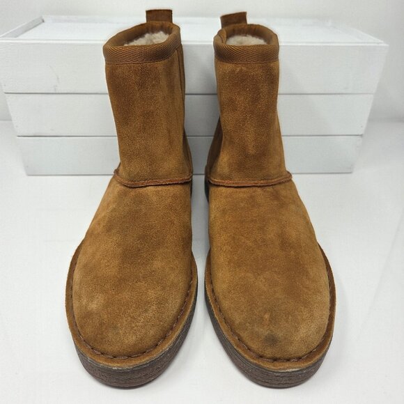 Clarks Womens 6 Boots Winter Suede Faux Fur Short Cognac Brown Drafty Day Comfy - Picture 3 of 10